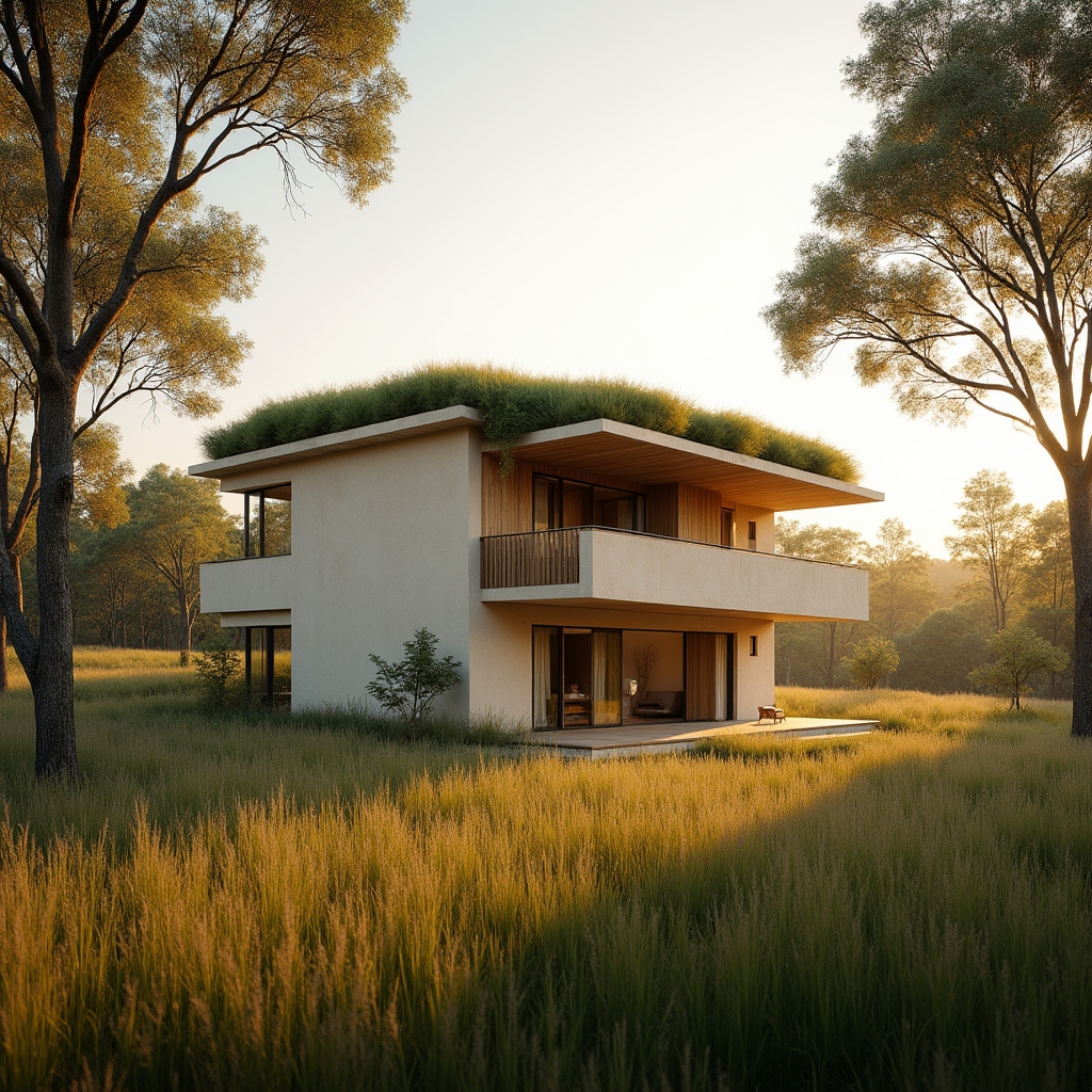 Exteriér rodinného domu postaveného z přírodních materiálů obklopeného zelení